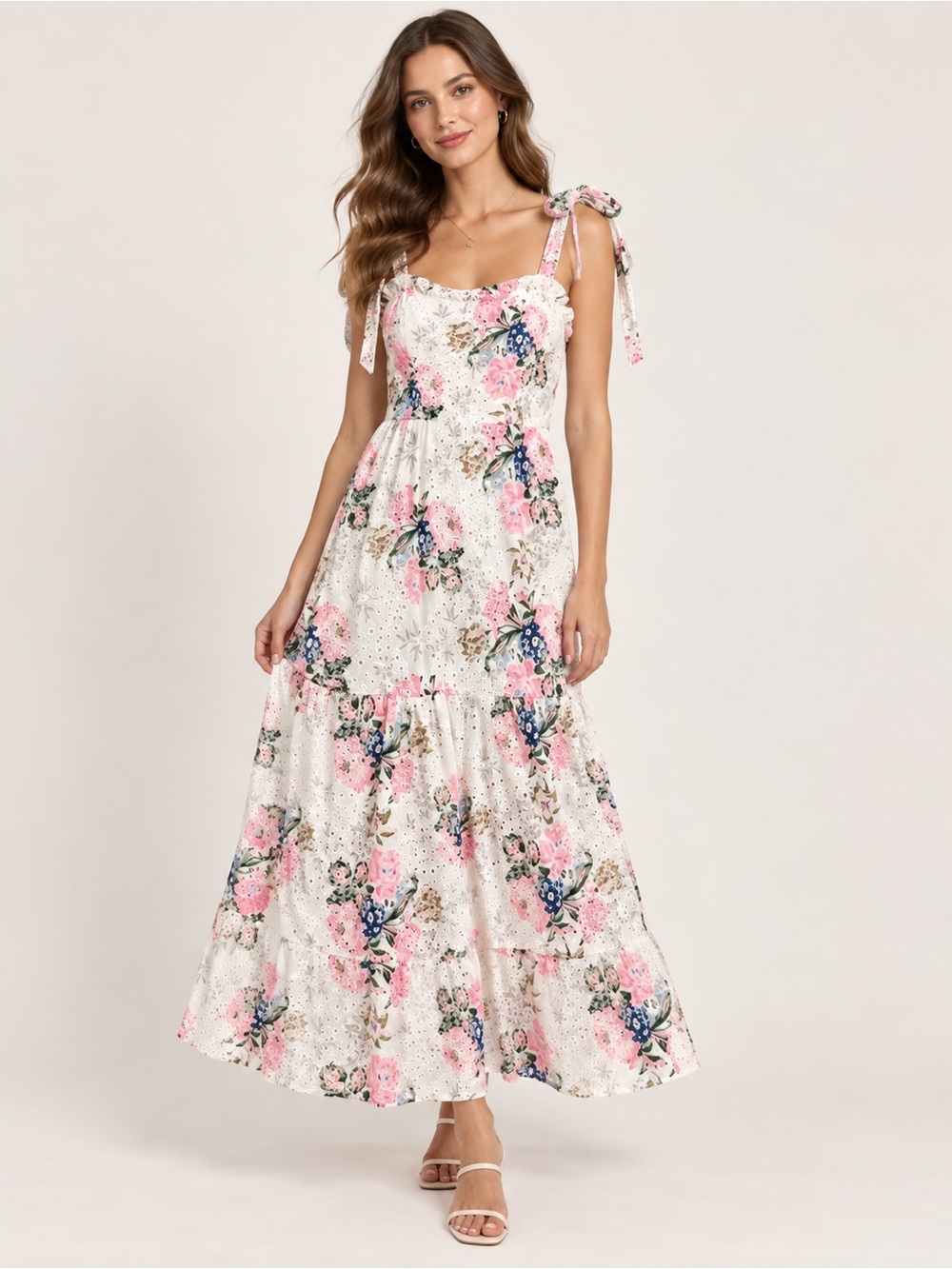 Chicwish White Eyelet Maxi Dress with Pink & Blue Floral Print